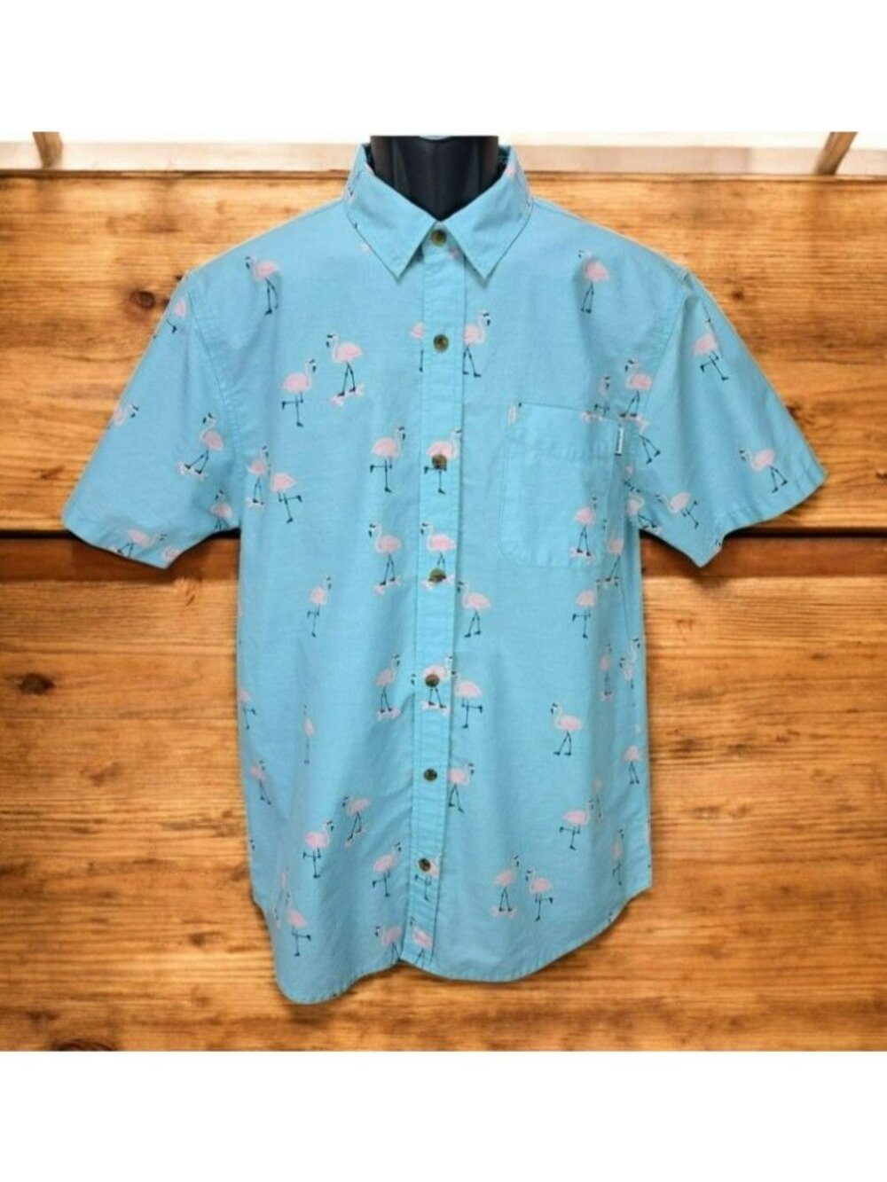 Party Pants Mens Blue Flamingo Print Short Sleeve Shirt Medium